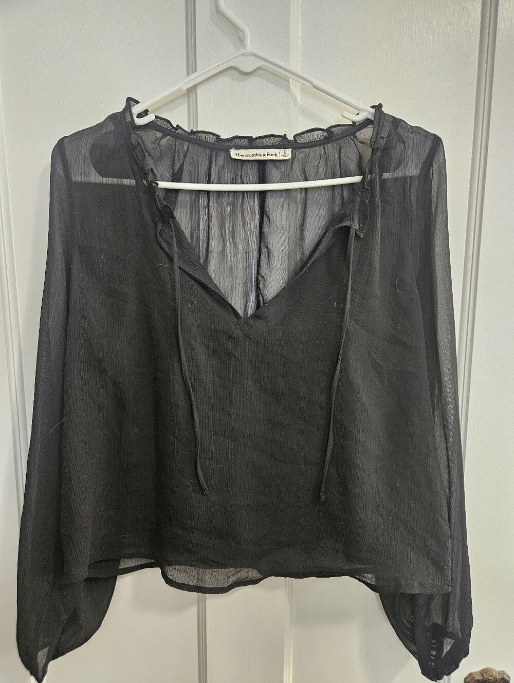 Abercrombie & Fitch Black Sheer Tie-Front Peasant Top